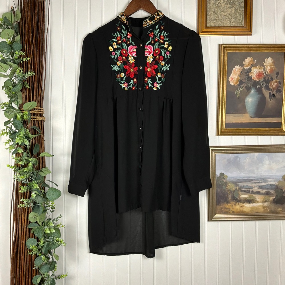 Unbranded Embroidered High Low Blouse Womens Medium Black Excellent Floral Boho